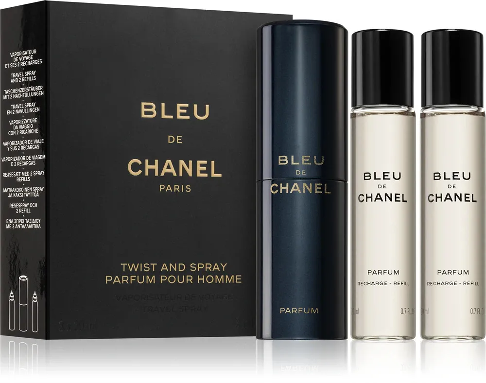 Bleu de Chanel nachfüllbarer Taschenzerstäuber 20 ml + 2 x Parfum-Nachfüllung für Herren