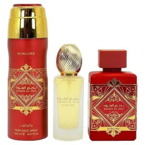 Lattafa Badee Al Oud Sublime Geschenkset – 100 ml + parfümiertes Spray 200 ml + Haarnebel Eau de Parfum