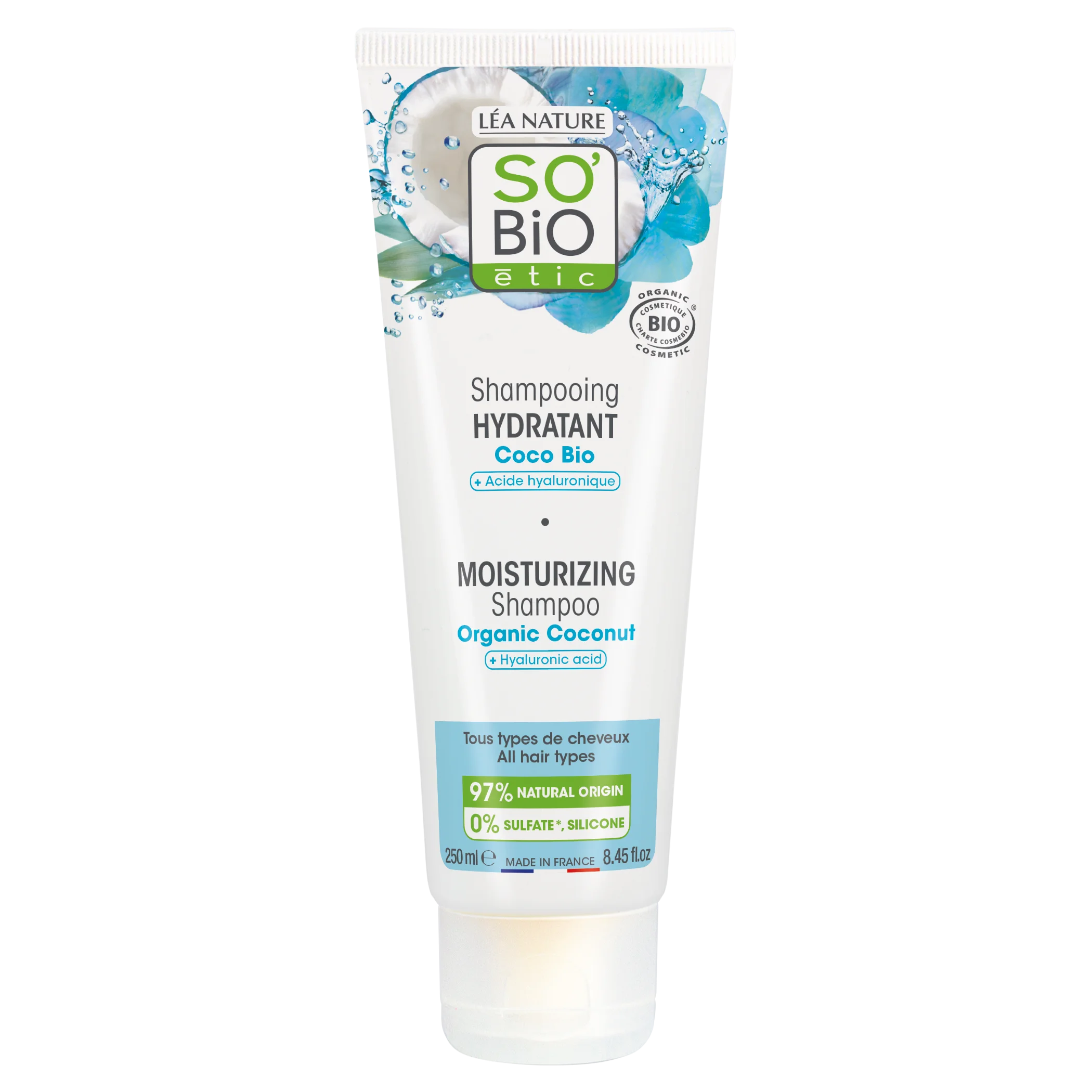 SO’BiO étic Feuchtigkeitsspendendes Shampoo Kokos & Hyaluronsäure BIO (250 ml) - für alle Haartypen