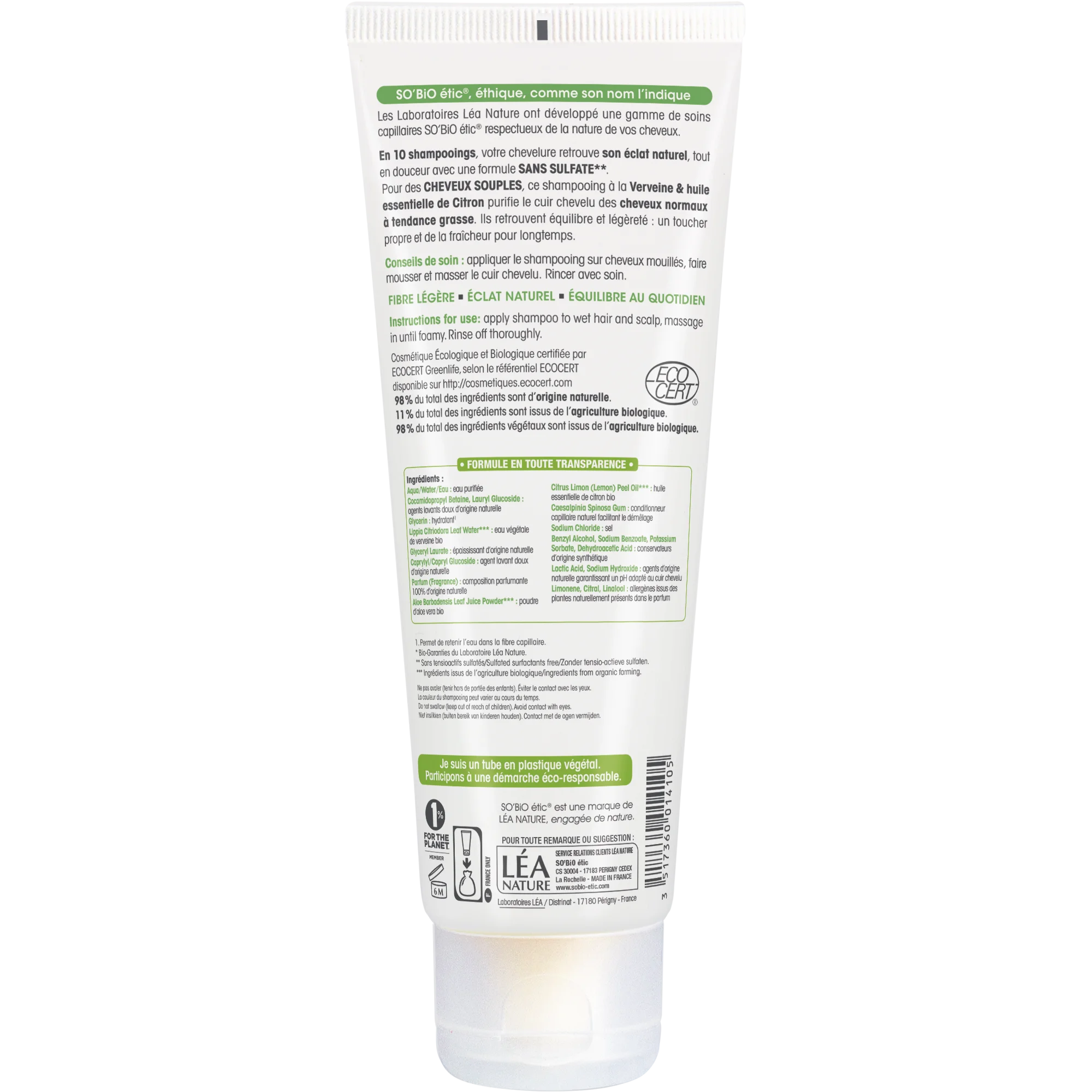 SO’BiO étic Mildes BIO-Shampoo Verbene-Zitrone (250 ml) - ideal für fettiges Haar