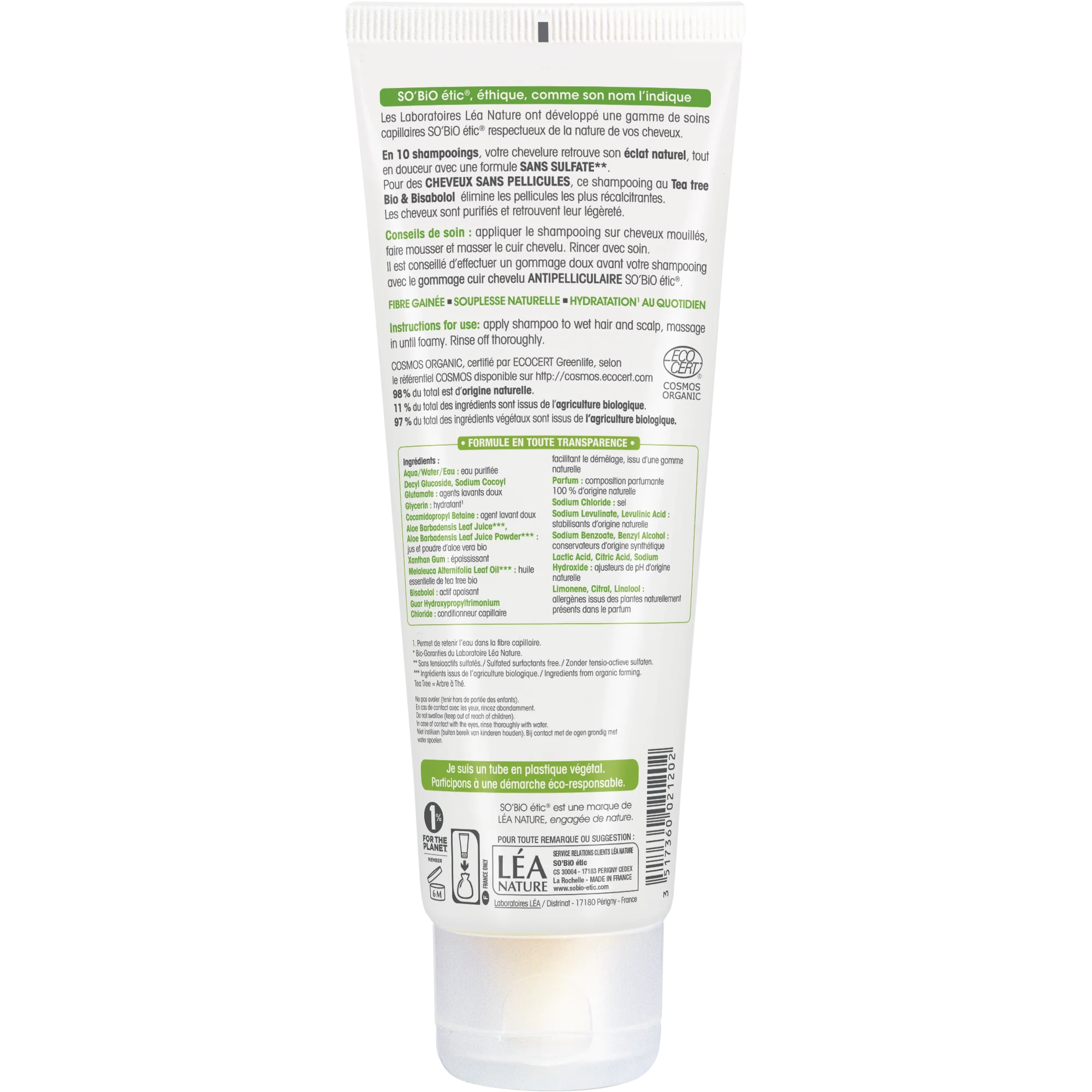 SO’BiO étic Anti-Schuppen-Shampoo mit Teebaumöl und Bisabolol BIO (250 ml) - mit Aloe-Vera-Saft