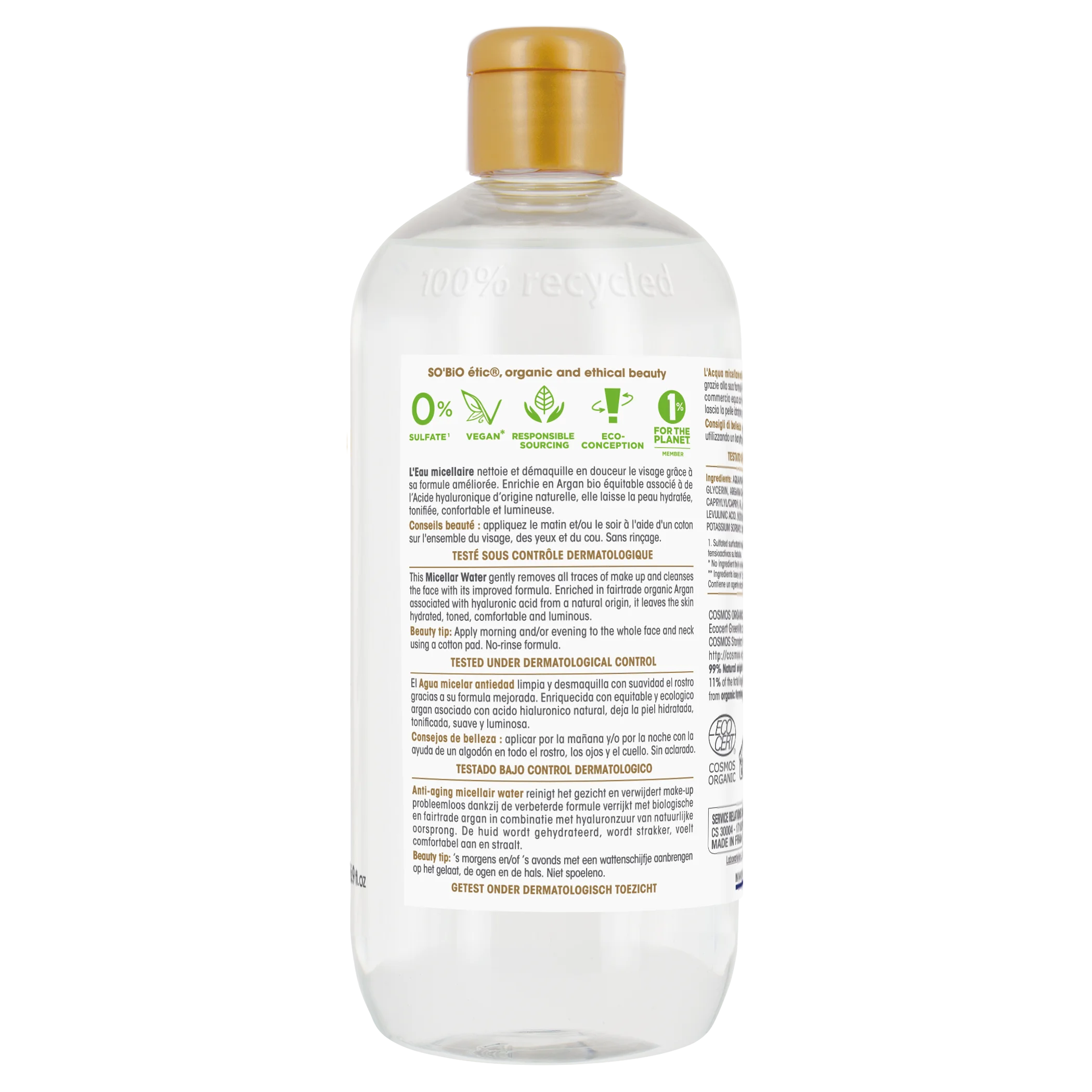 SO’BiO étic Anti-Age Precieux Argan Anti-Age Mizellenwasser mit Hyaluron BIO (500 ml) – mit Hyaluronsäure