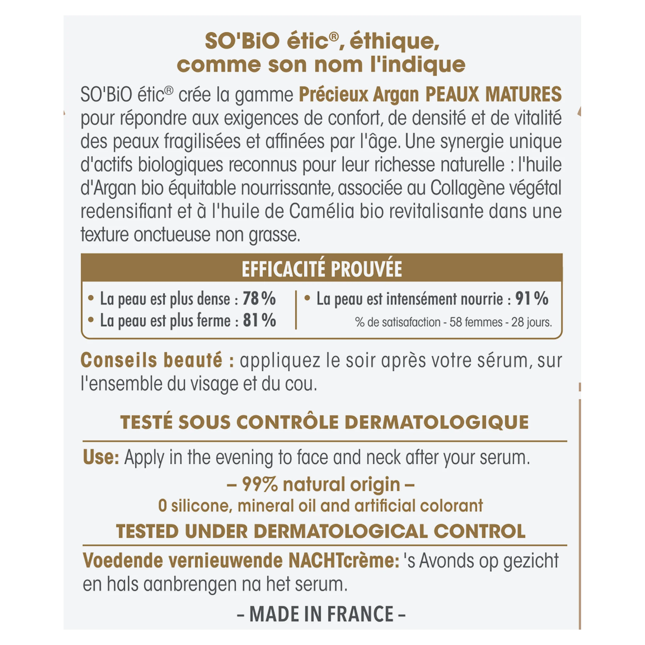SO’BiO étic Anti-age Precieux Nachtcreme, nährend und straffend GOLD BIO (50 ml) – ideal für reife Haut