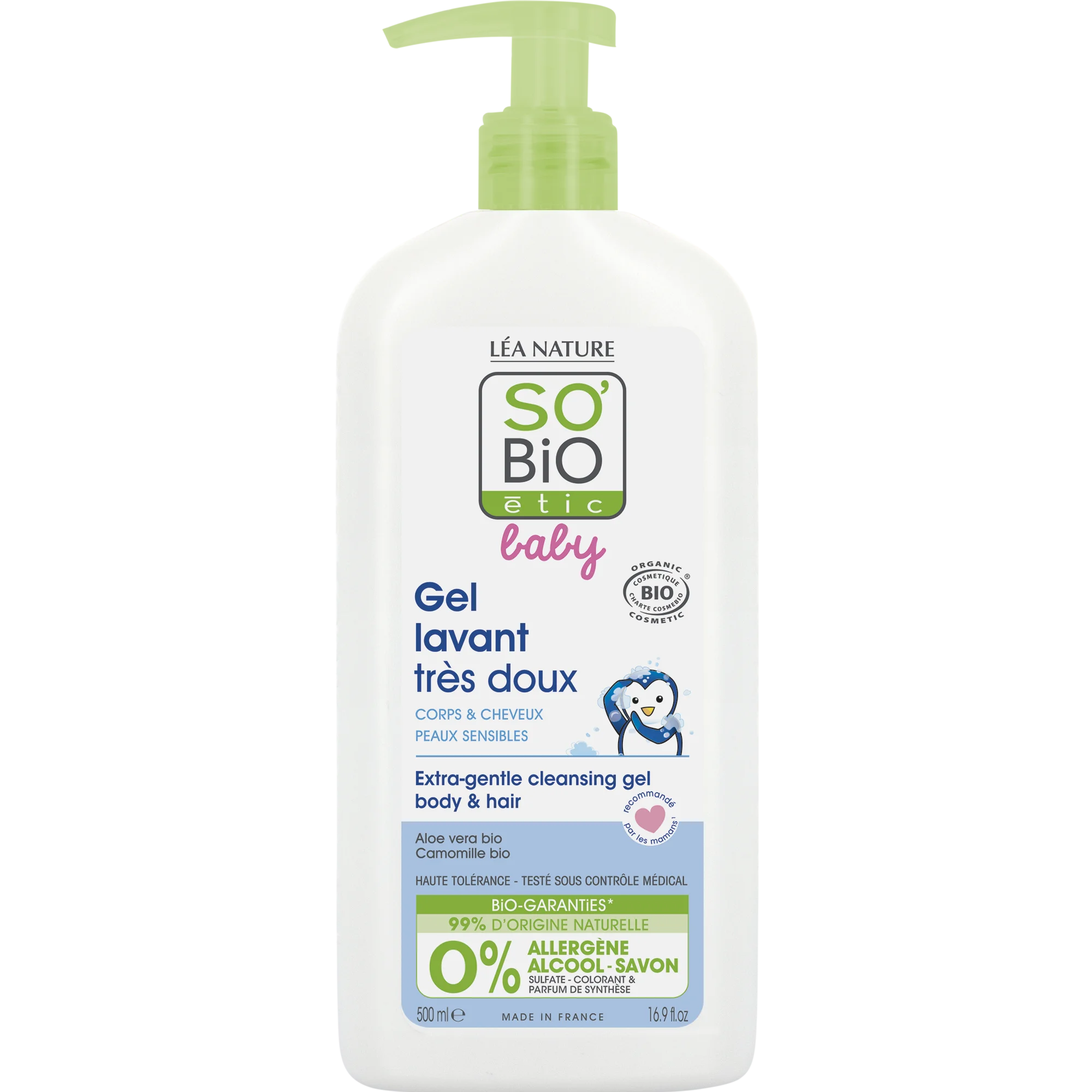 SO’BiO étic BABY Waschgel für Kinder – extra sanft für Körper und Haare BIO (500 ml) – brennt nicht in den Augen