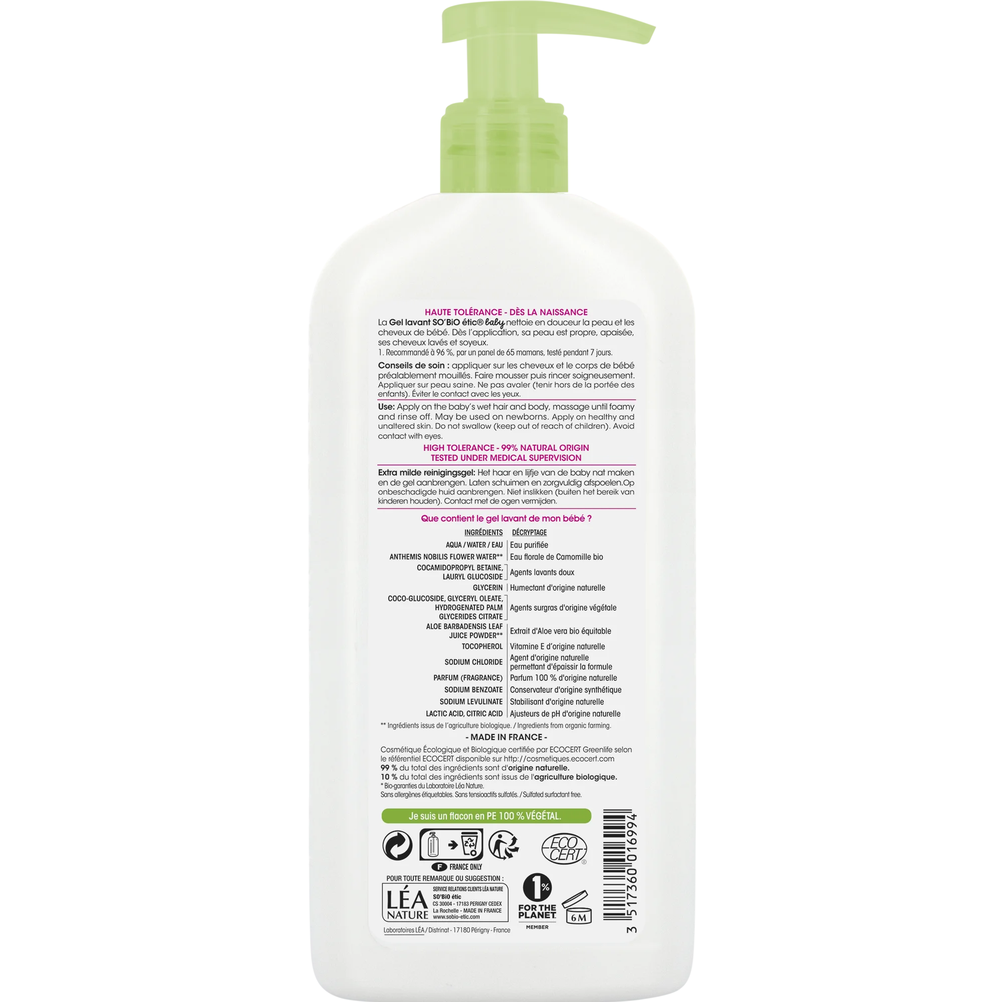 SO’BiO étic BABY Waschgel für Kinder – extra sanft für Körper und Haare BIO (500 ml) – brennt nicht in den Augen