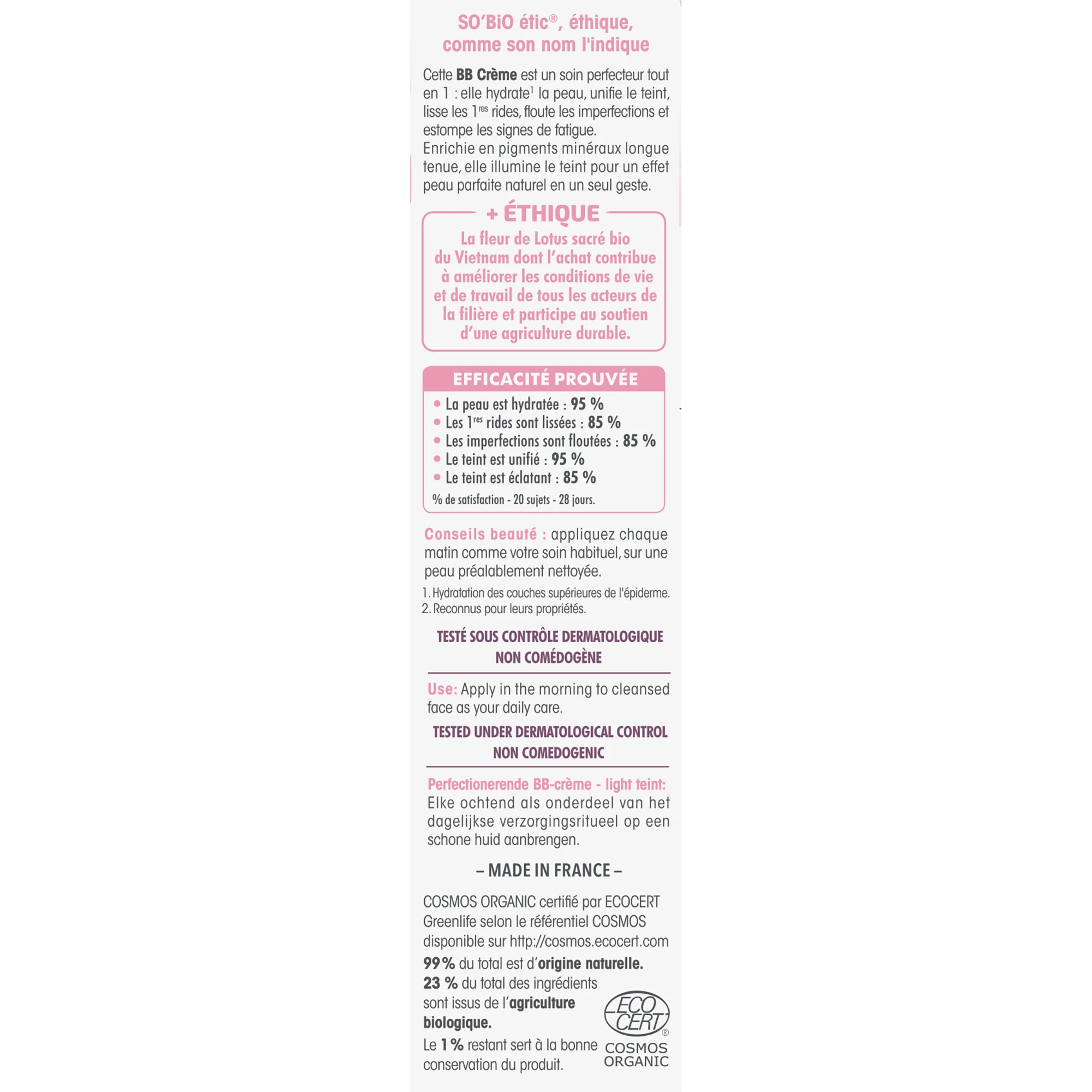 SO’BiO étic BB-Creme für einen perfekten Teint – Farbton Light BIO (40 ml) – mit Lotusblütenextrakt