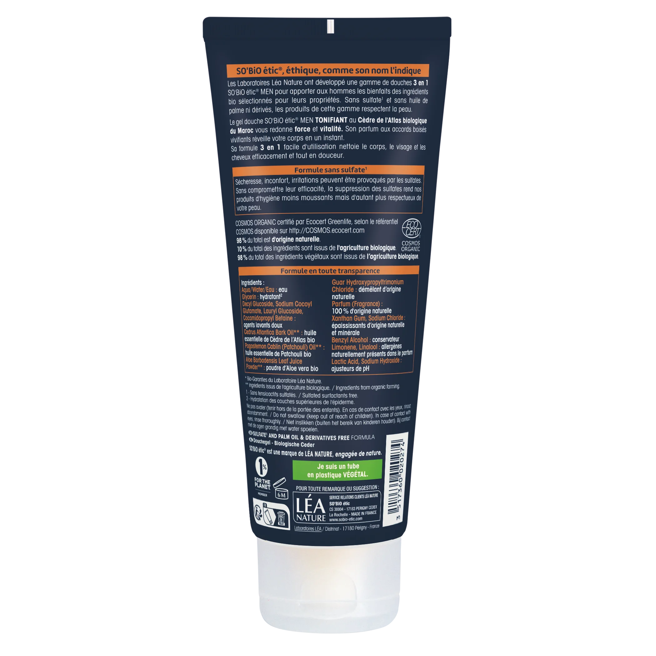 SO’BiO étic MEN 3-in-1 Duschgel – belebende BIO-Zeder (200 ml) – für Körper, Gesicht und Haare