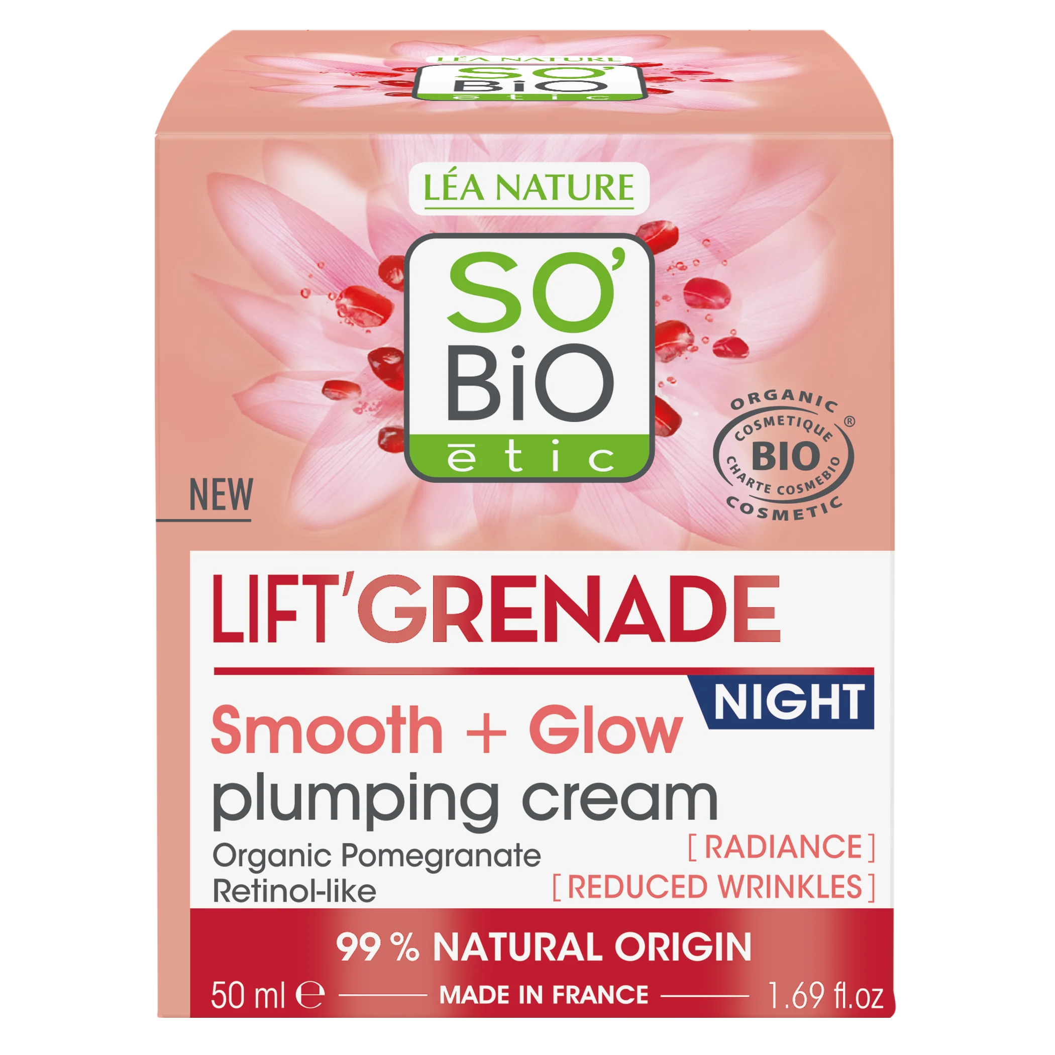 SO’BiO étic Nachtcreme gegen Falten mit aufhellender Wirkung Lift'Grenade BIO (50 ml) – mit Granatapfel