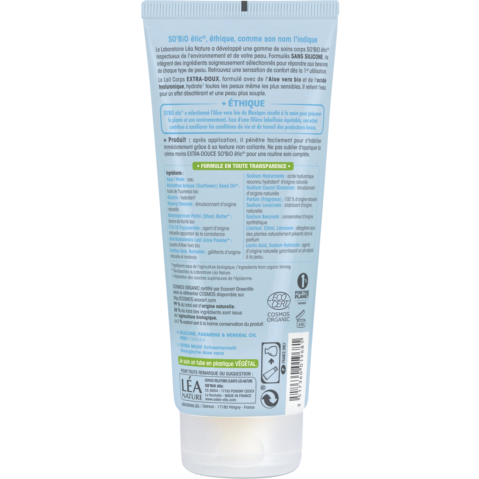 SO’BiO étic Extra feuchtigkeitsspendende Körpermilch mit Bio-Aloe Vera und Hyaluron (200 ml) – mit Hyaluronsäure