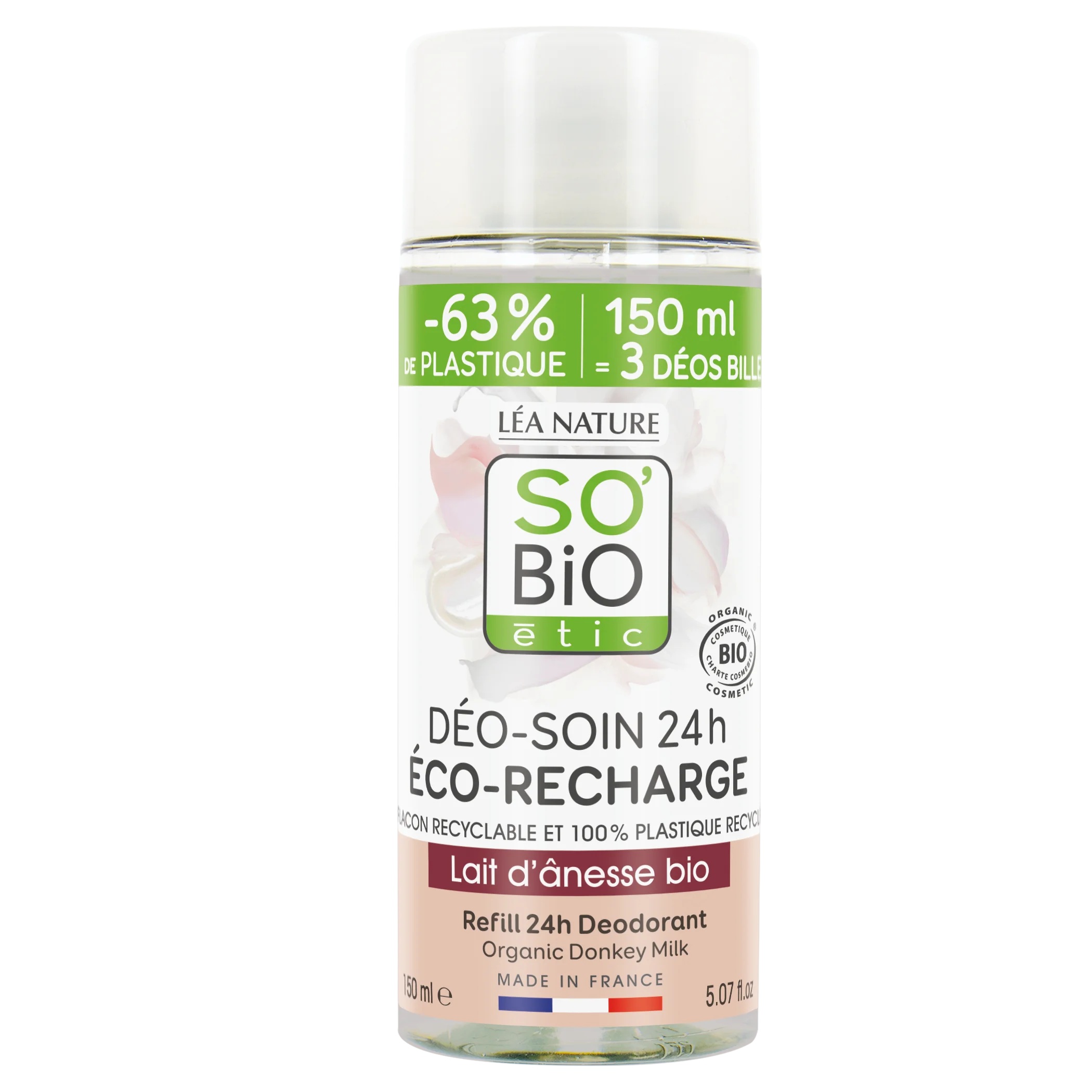SO’BiO étic Nachfüllung für 24h feuchtigkeitsspendendes Roll-on-Deodorant mit Bio-Eselsmilch (150 ml) - eine Nachfüllung ersetzt drei Roll-ons