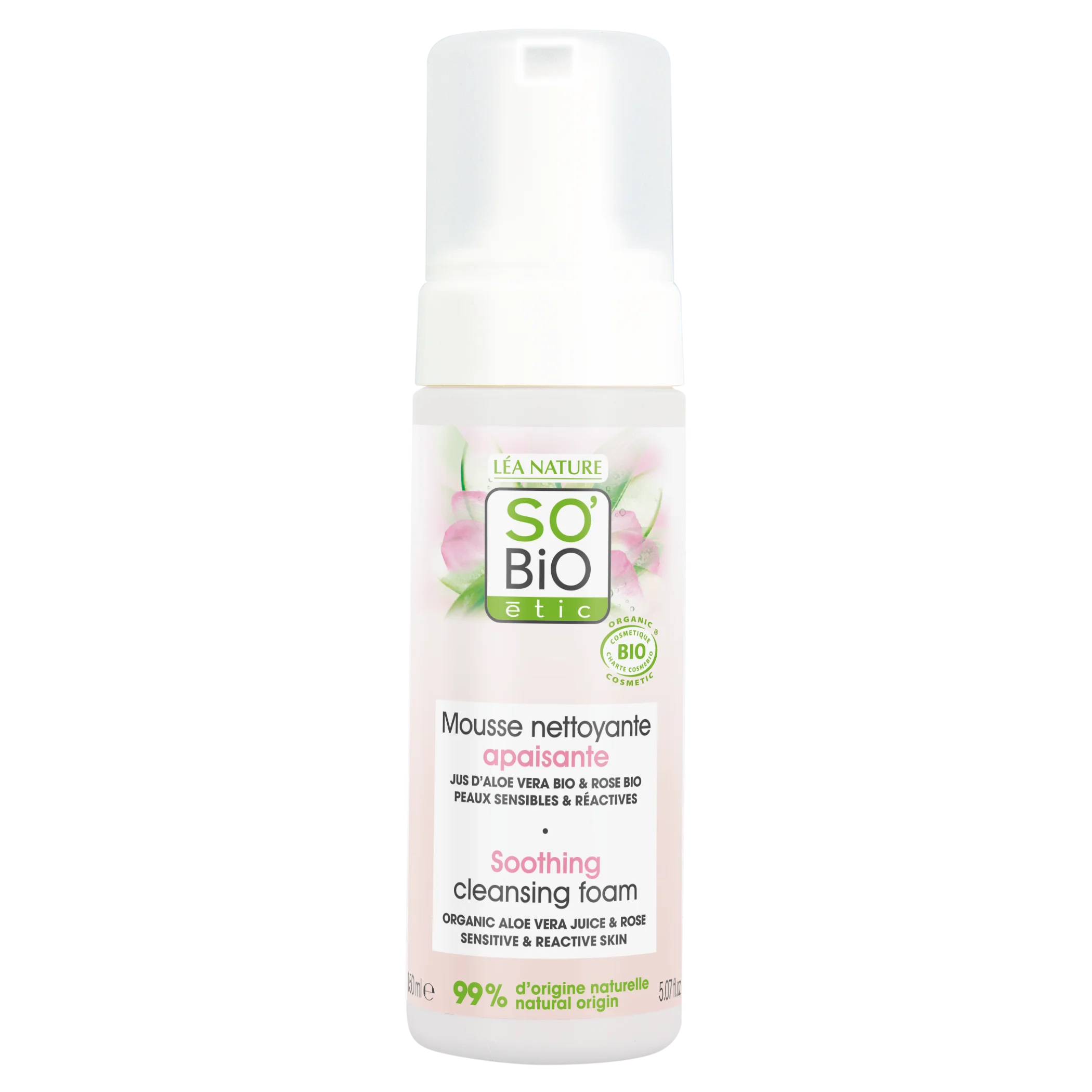 SO’BiO étic Beruhigender Reinigungsschaum Aloe Vera BIO (150 ml) – angereichert mit Rosenwasser