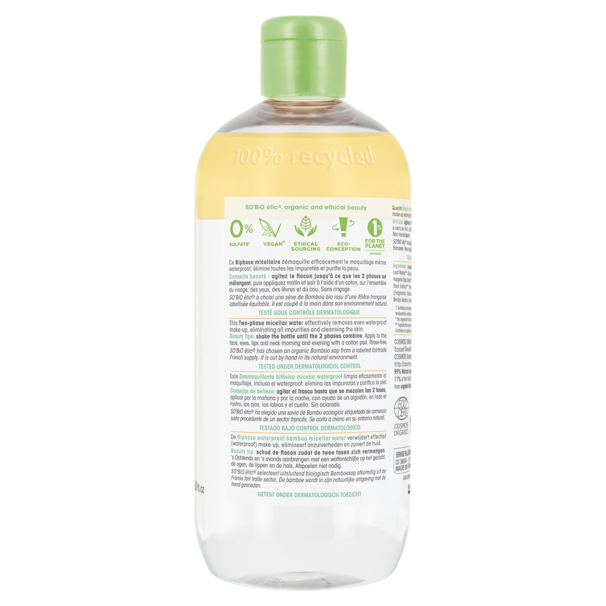 SO’BiO étic Zweiphasiges Mizellenwasser – Pur BAMBOO BIO (500 ml) – mit Bio-Bambus und Moringa