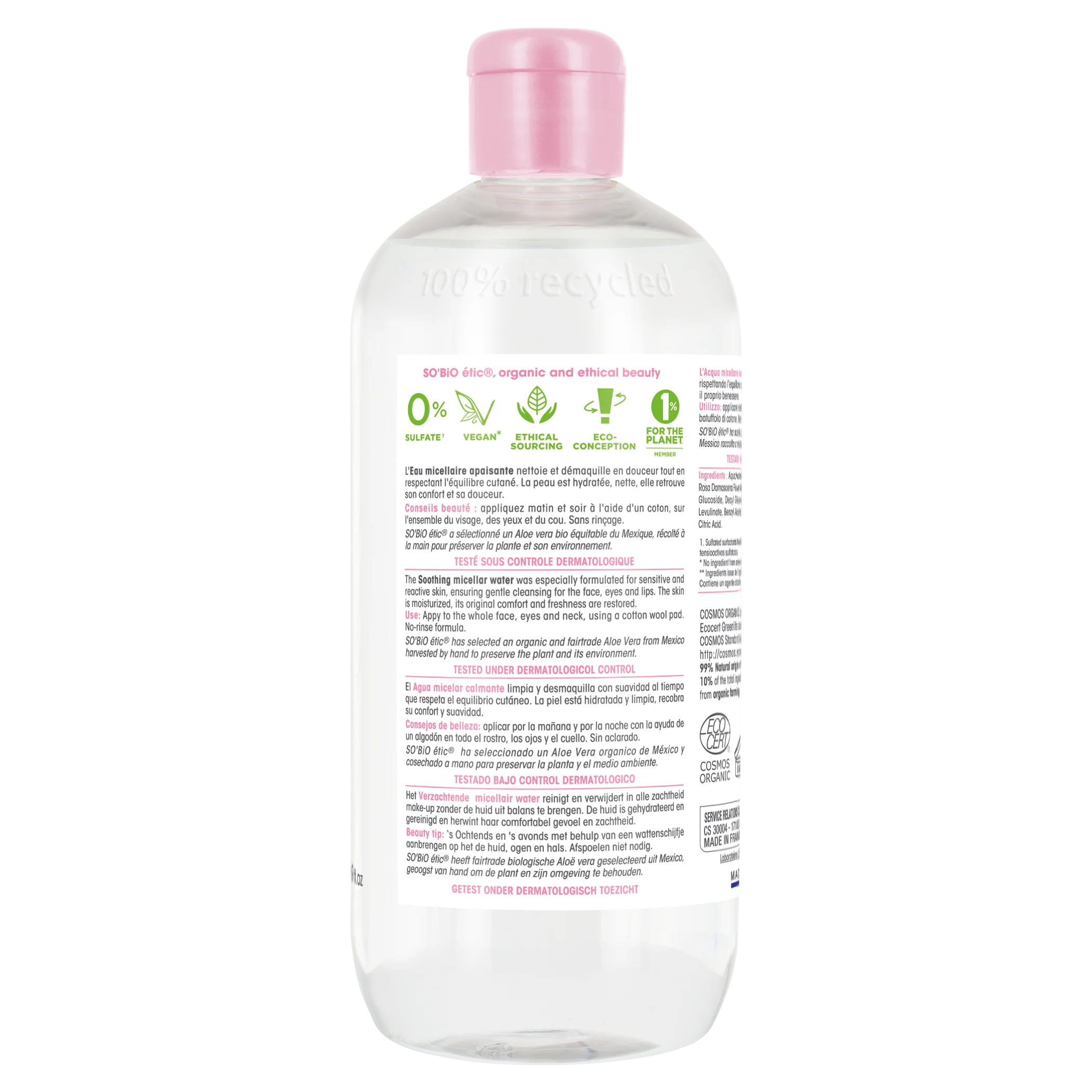 SO’BiO étic Beruhigendes BIO Mizellenwasser mit Aloe Vera (500 ml) – angereichert mit Kamillenwasser