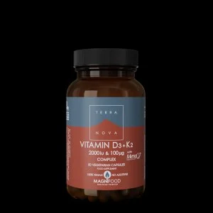 Terranova Health Vitamin D3 2000 IE & Vitamin K2 100 µg Komplex (50 Kapseln) - D3 aus Flechten und K2 aus Kichererbsen
