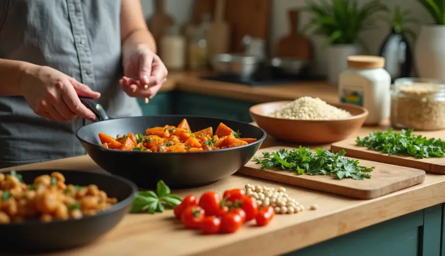 Ein Ende dem Kochen von vier Gerichten für ein Abendessen