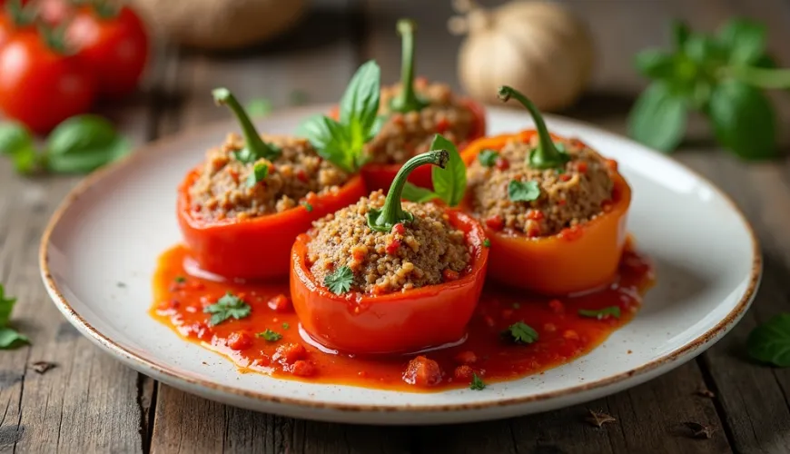 Entdecken Sie den Zauber von mit Hackfleisch gefüllten Paprikaschoten, im Ofen gebacken.