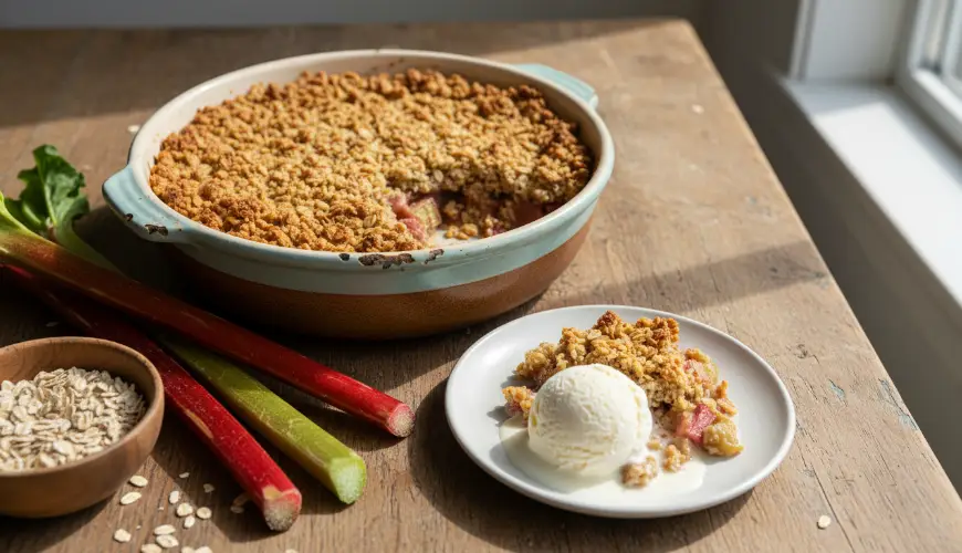 Rhabarber-Crumble mit Haferkrümel enttäuscht nie