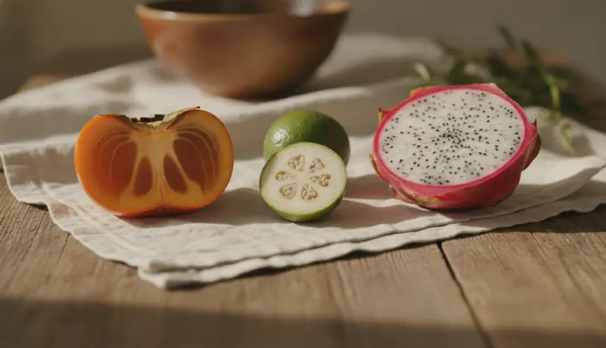 Probieren Sie die exotischen Früchte Kaki, Feijoa und Pitahaya