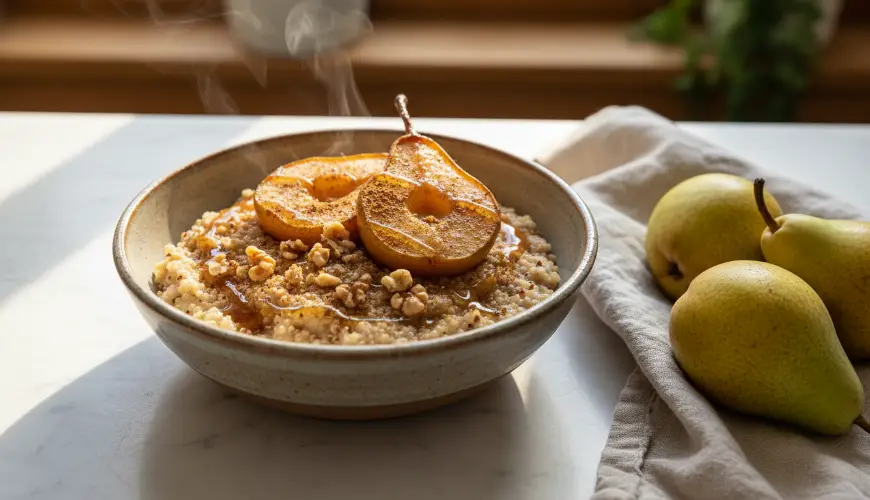Probieren Sie den süßen Quinoa-Brei mit gebackenen Birnen