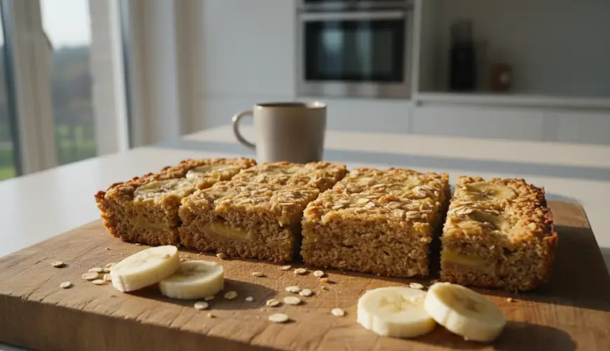 Gebackene Haferschnitten mit Banane sättigen Sie bis zum Mittagessen